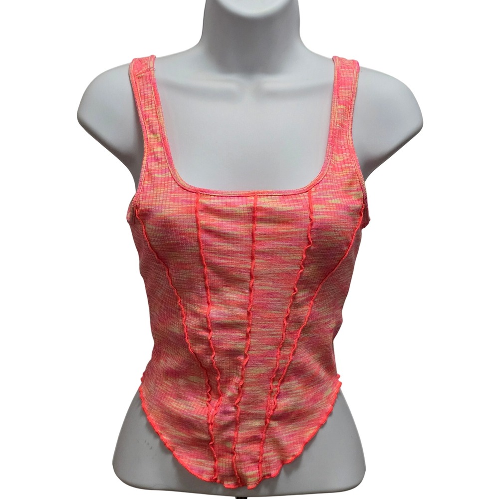 Womens Medium Pink Yellow Space Dye Ribbedโ Corset Seam Tank Top Y2K Festival